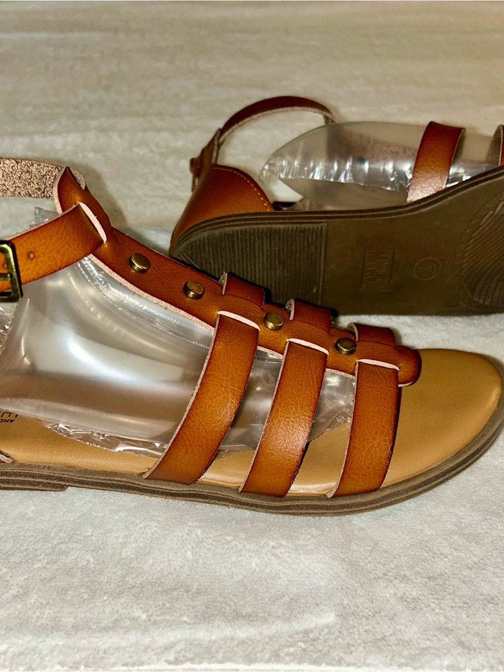 Brown Strappy Gladiator Sandals with Stud Accents Cushioned Memory Foam - Picture 3 of 6